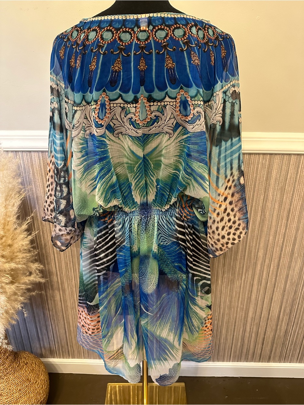 Peacock Print Kaftan Dress One Size Blue Boho Beach Cover Up Tunic Cruise Resort - Picture 7 of 9